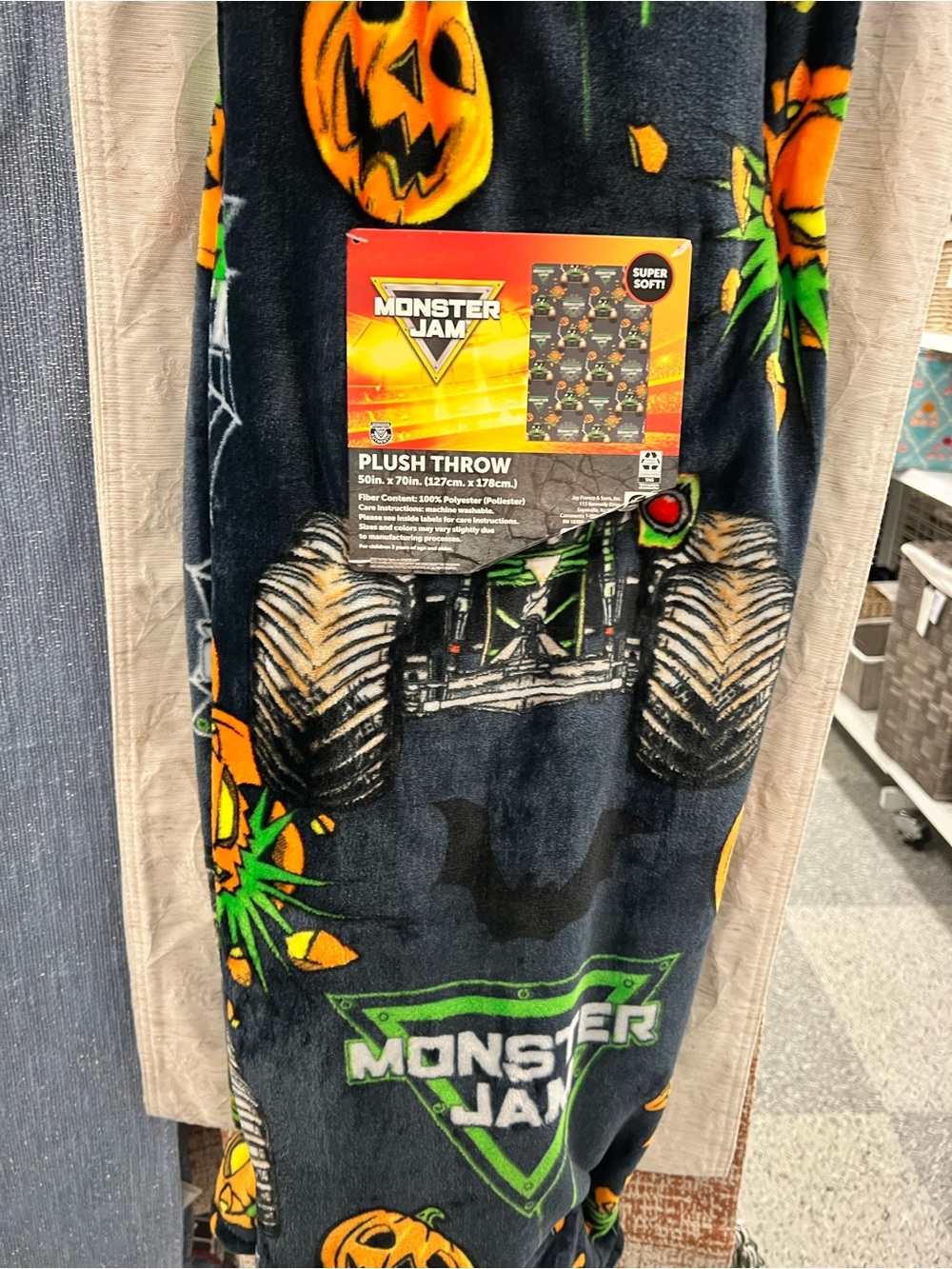 Monster jam Black Plush Throw Blanket with Orange Pumpkin Graphics